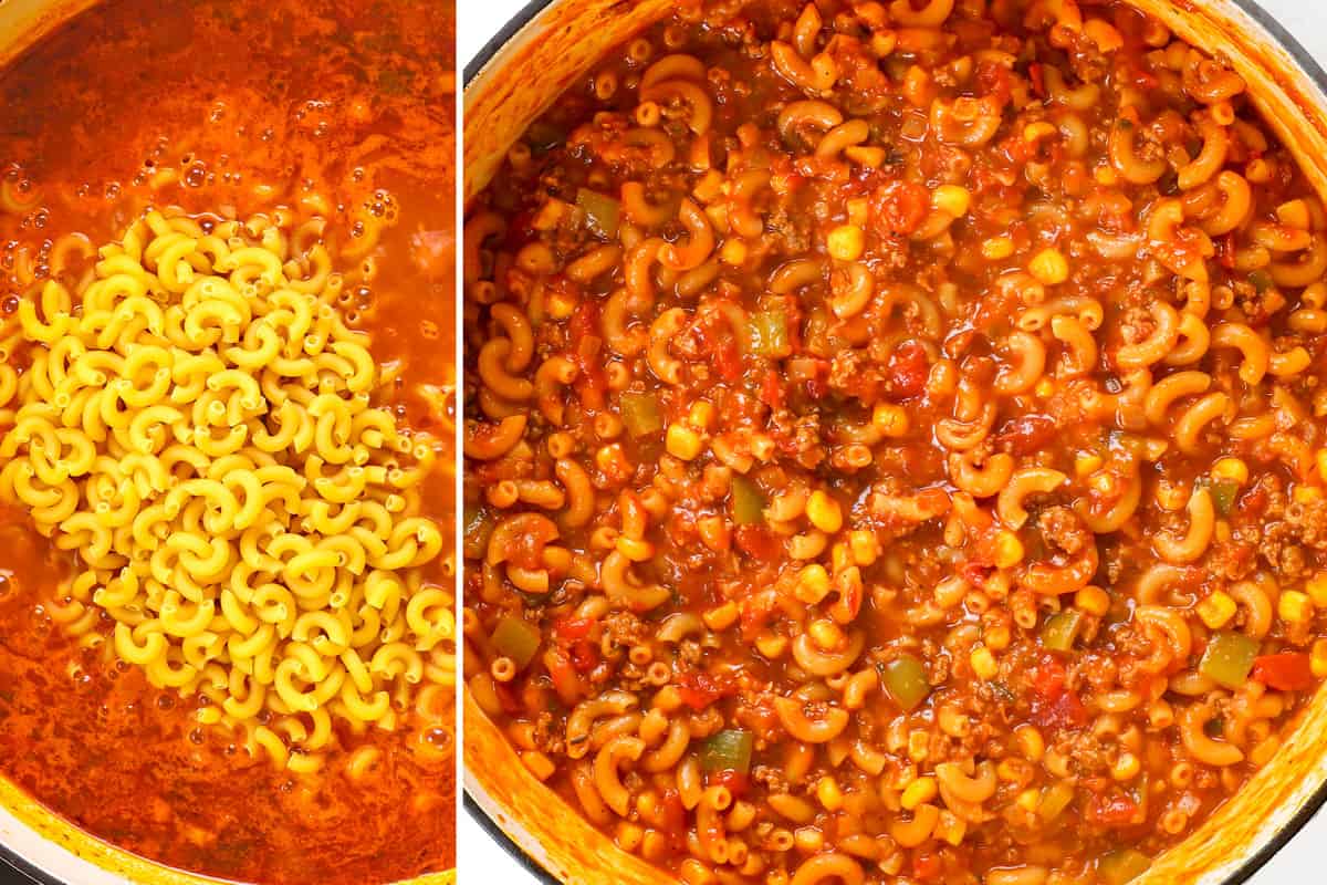 showing how to make goulash by stirring macaroni into the simmering pot and cooking until al dente