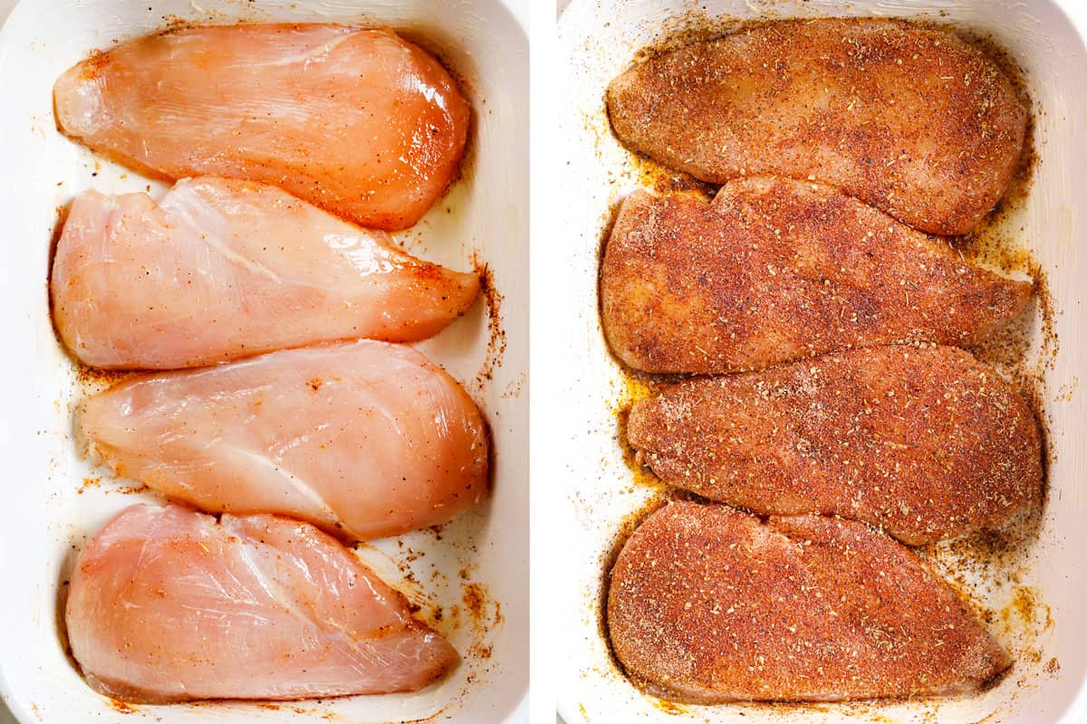 process shot showing how to make oven baked chicken breast by rubbing chicken with olive oil, then coating in spices