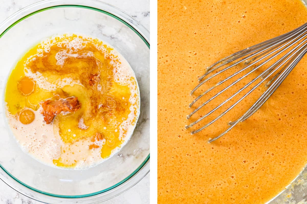 showing how to make pumpkin waffles by whisking the wet ingredients together in a bowl