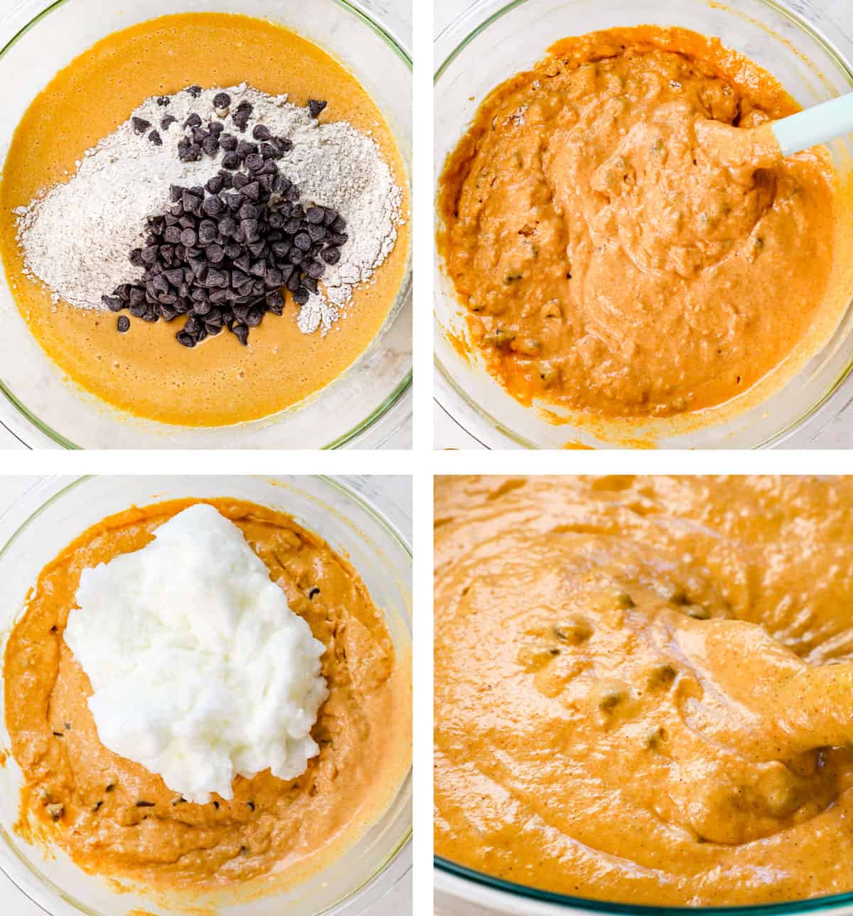 a collage showing how to make pumpkin waffles recipe by stirring dry ingredients into the wet ingredients, then folding in the egg whites and chocolate chips 