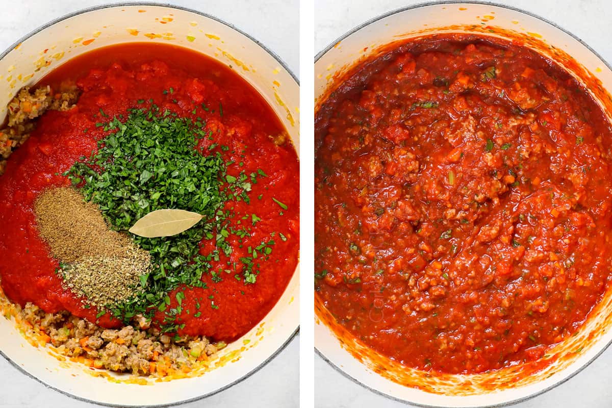a collage showing how to make baked spaghetti by adding tomato sauce, garlic, basil and seasonings to the pot and letting it simmer