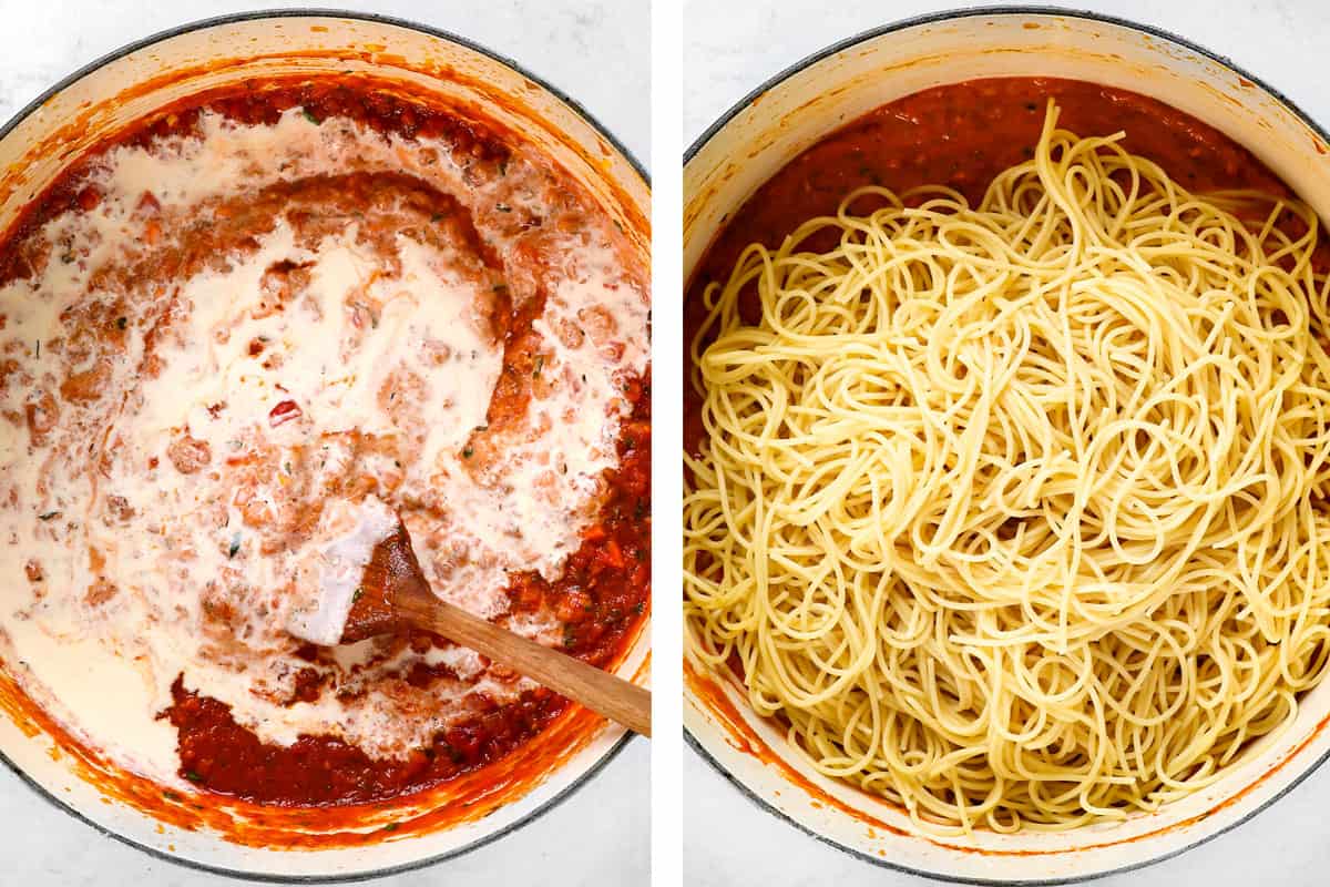 a collage showing how to make baked spaghetti by adding heavy cream, then stirring in spaghetti
