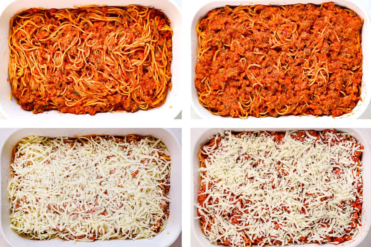 a collage showing how to make baked spaghetti by adding spaghetti to a pan, followed by cheese, more spaghetti then more cheese