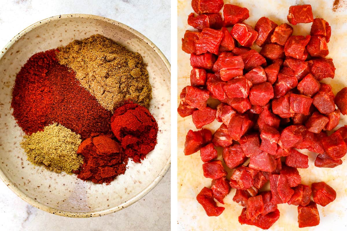a collage showing how to make chili con carne (beef chili) by mixing spices together, then seasoning the beef