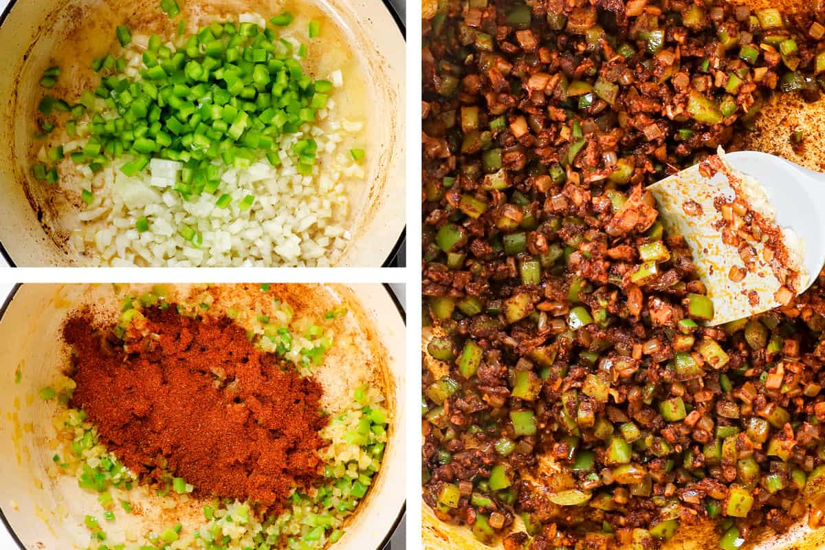 a collage showing how to make chili con carne (beef chili) by sautéing onions, onions, jalapenos and garlic