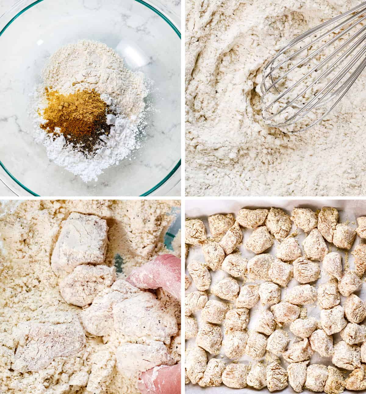 a collage showing how to make Korean fried chicken (yangnyeom) by whisking the breading ingredients together, then breading the chicken