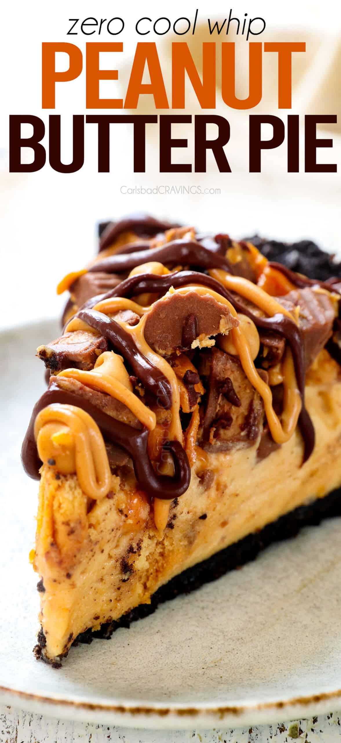 up close of peanut butter pie drizzled with chocolate and peanut butter