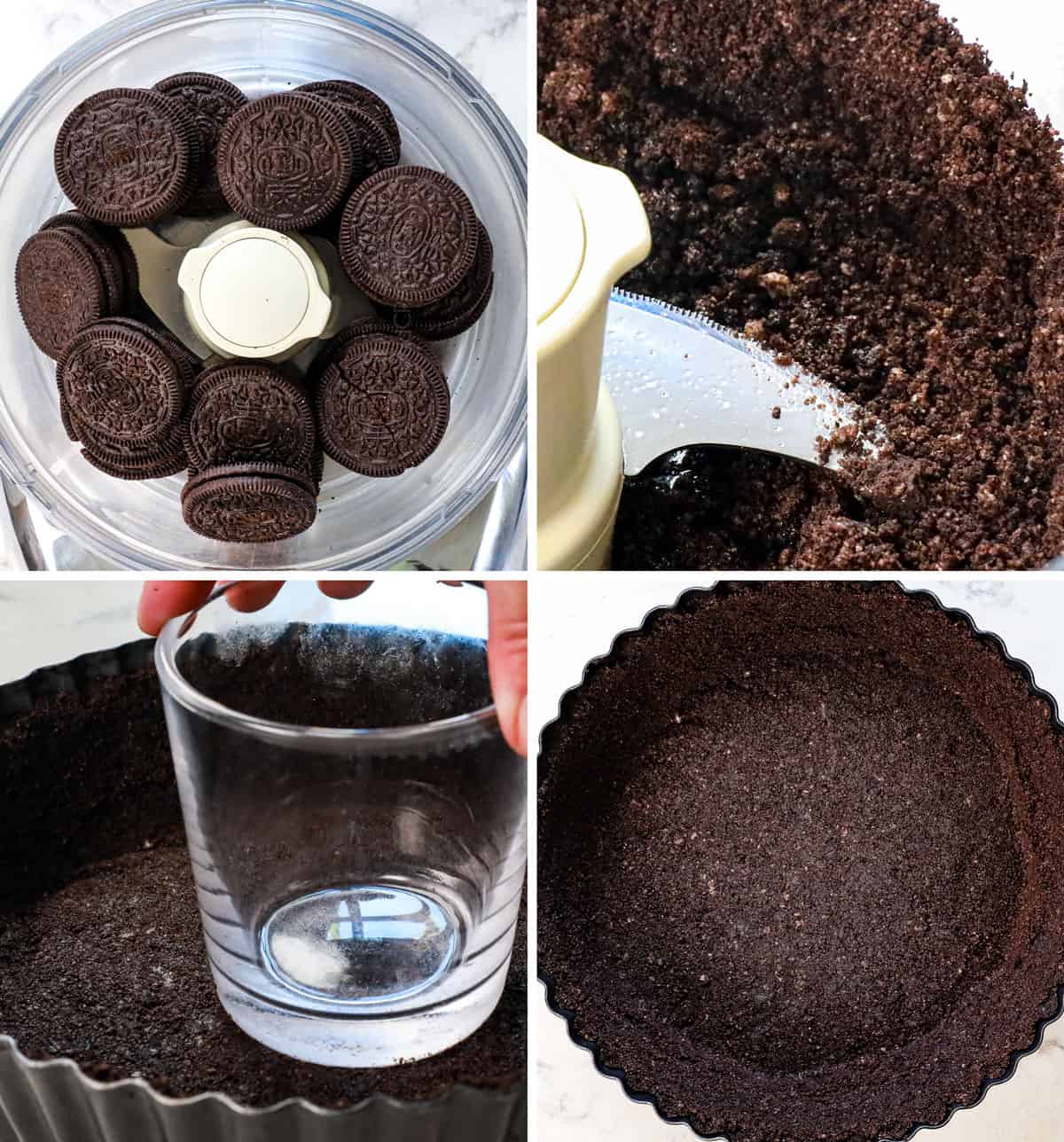 a collage showing how to make peanut butte pie by crushing Oreos in food processor, then pressing the crumbs into a pie pan, then baking and cooling