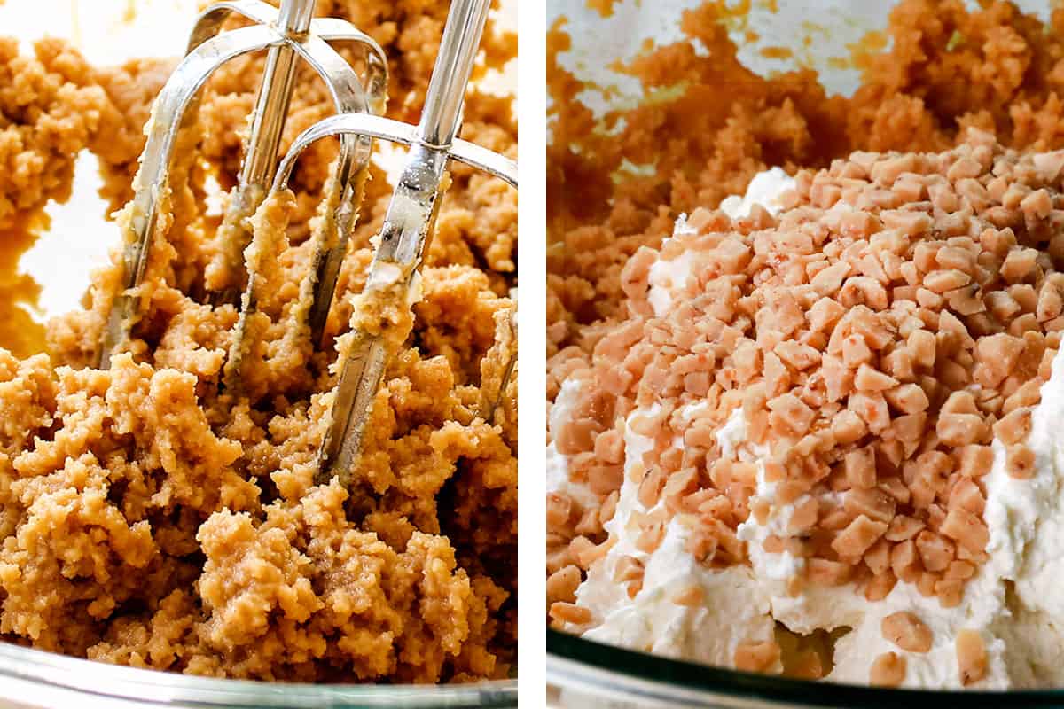 a collage showing how to make no bake peanut butter pie by beating peanut butter, cream cheese and powdered sugar together until fluffy