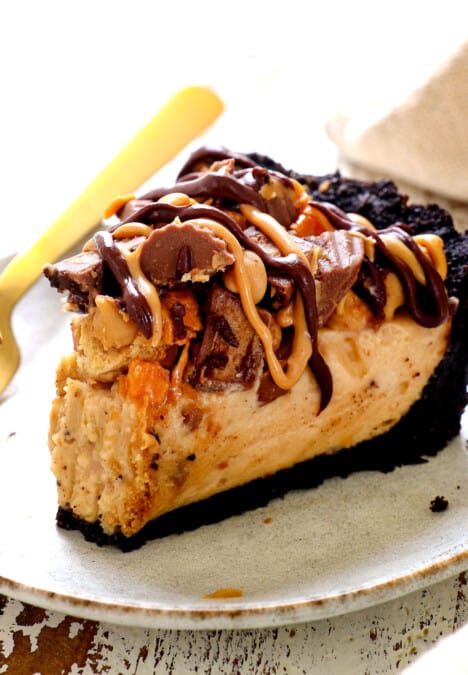 up close of a piece of no bake peanut butter pie with a bite take out of it