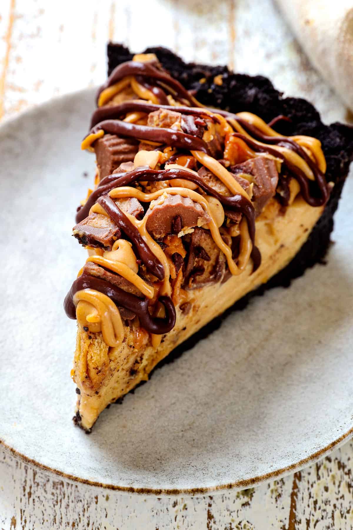 peanut butter pie no bake on a plate made without any cool whip