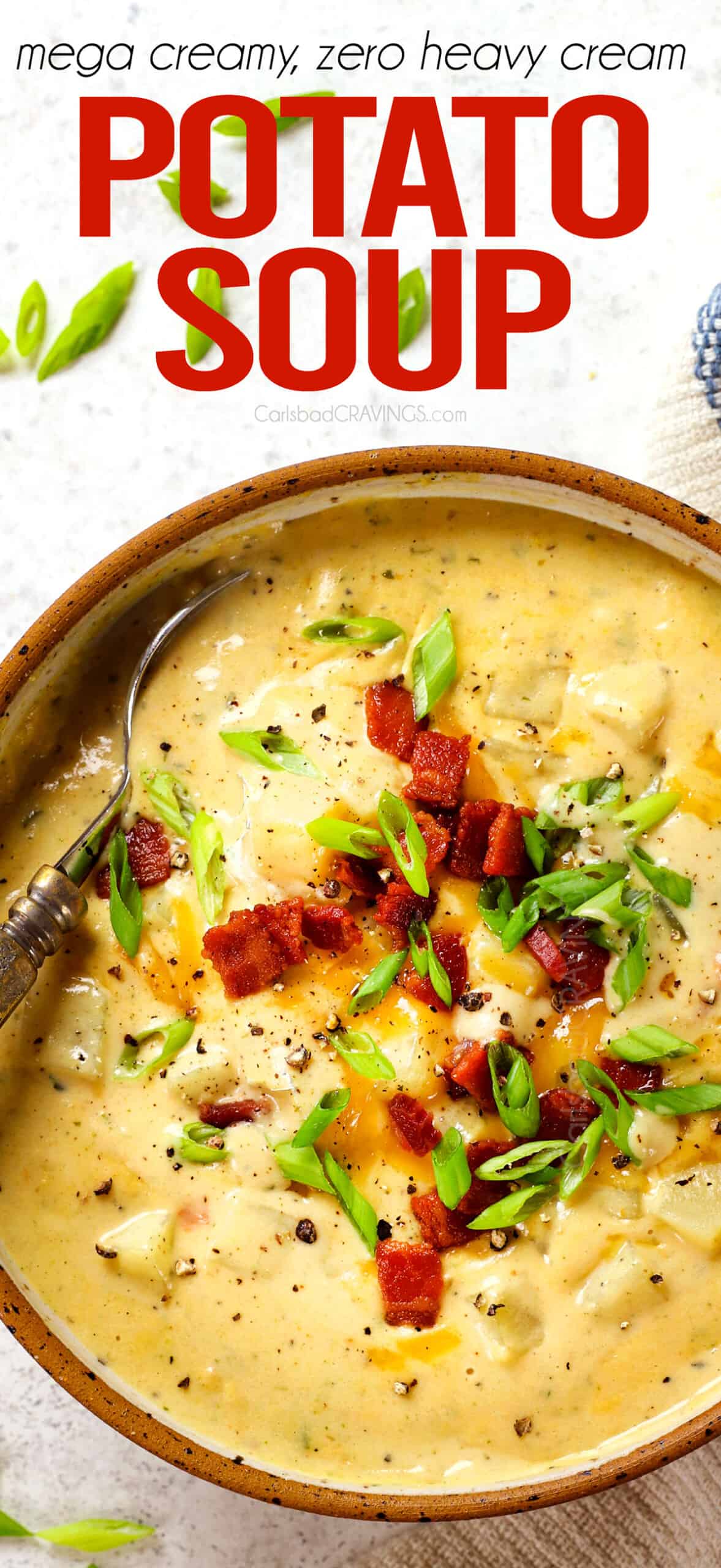 top view of serving potato soup recipe in a bowl garnished by cheese, green onions and bacon