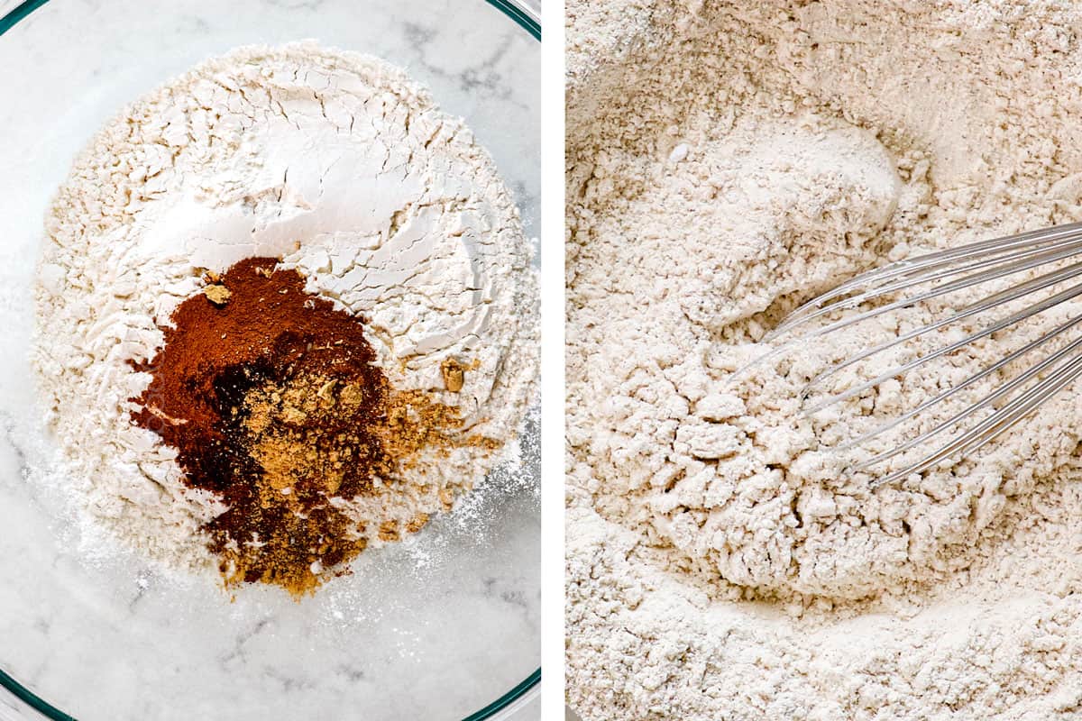 a collage showing how to make pumpkin chocolate chip cookies by stirring dry ingredient by mixing the flour, baking powder, baking soda and spices together in a glass mixing bowl