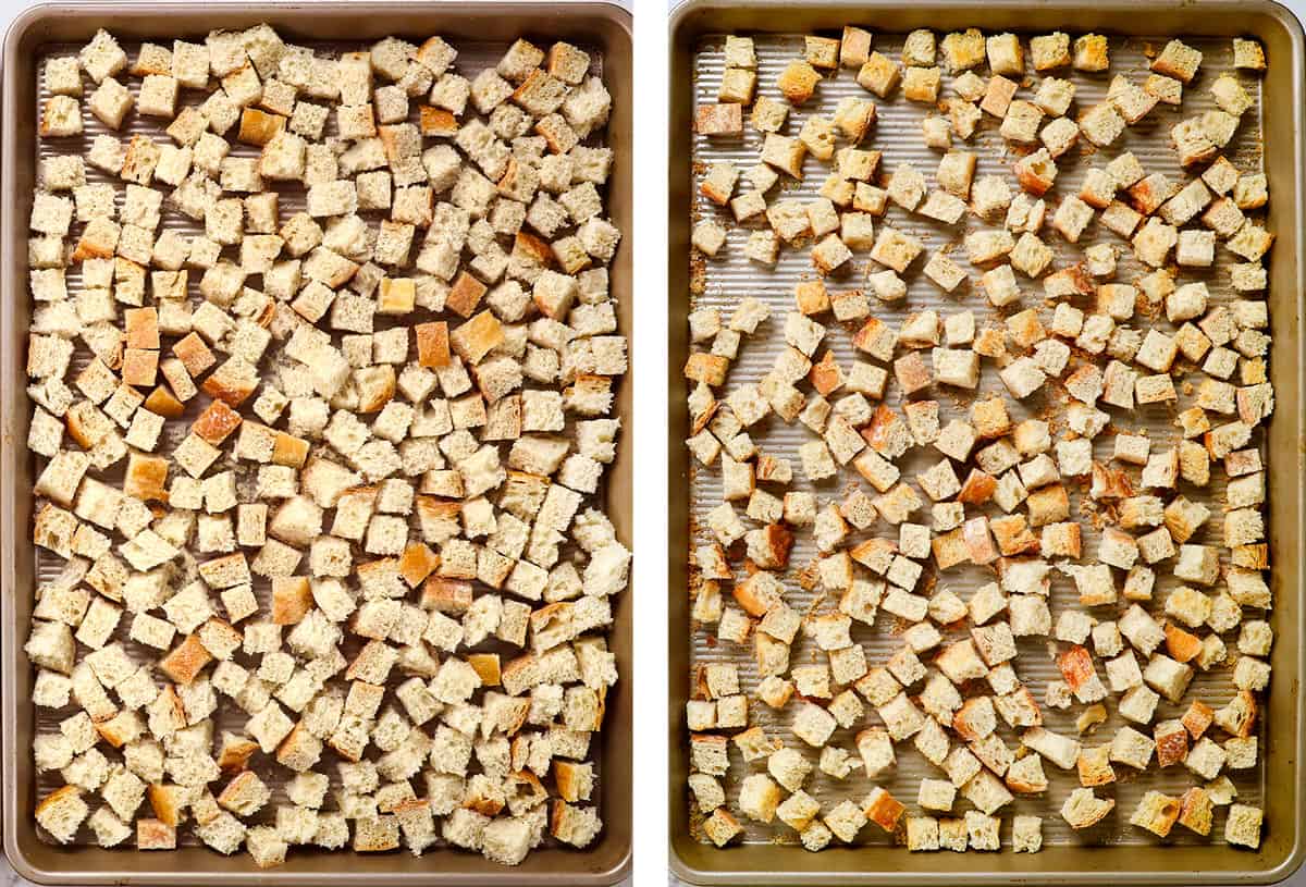 showing how to make stuffing by toasting bred cubes until stale