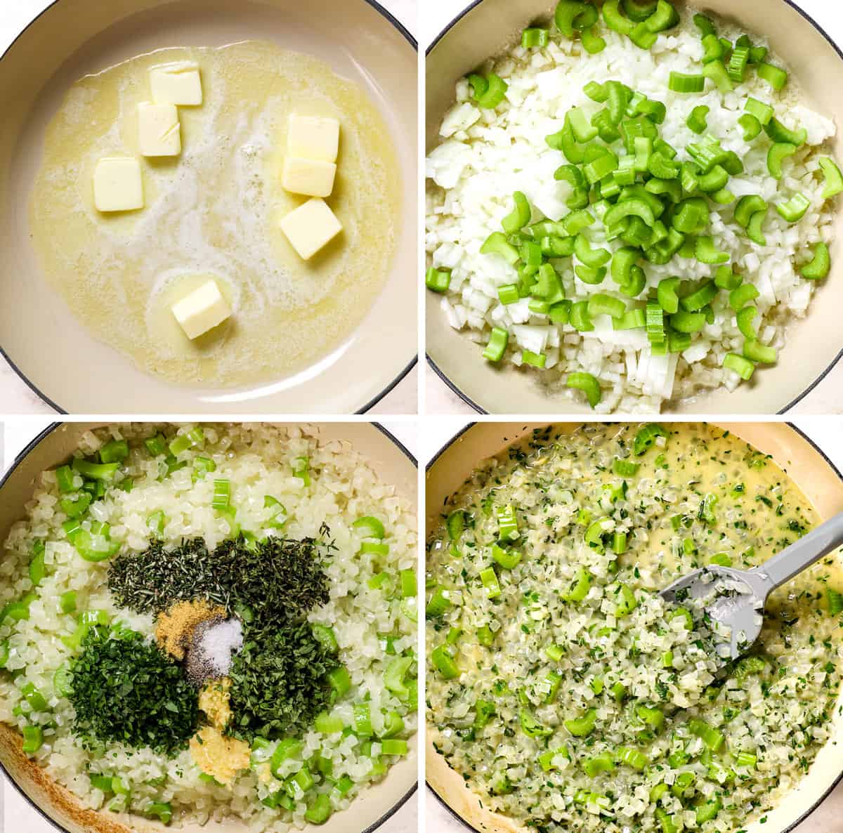 a collage showing how to make stuffing by sautéing onions and celery, then adding herbs and spices, then adding chicken broth 