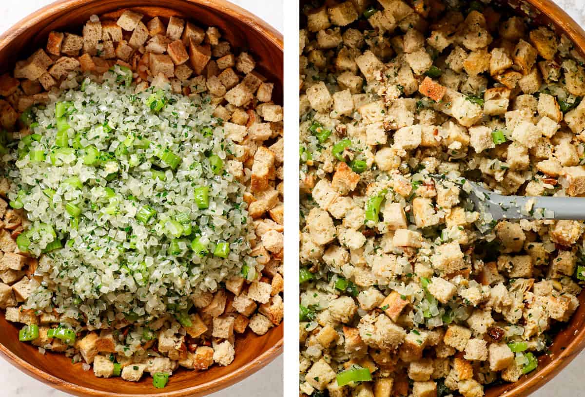 a collage showing how to make stuffing by adding sautéed vegetables to toasted cubed bread
