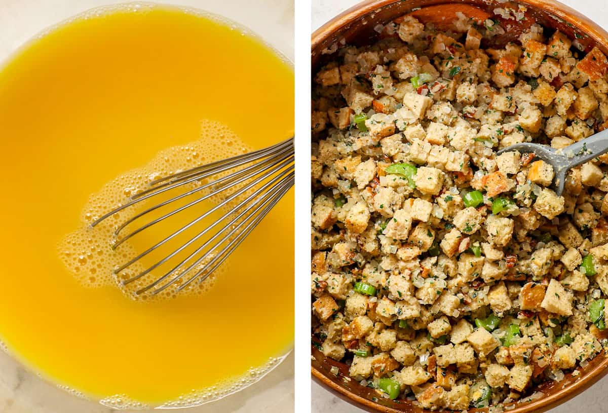 a collage showing how to make stuffing by whisking eggs and broth together, then slowly mixing into bread cubes, onions and celery
