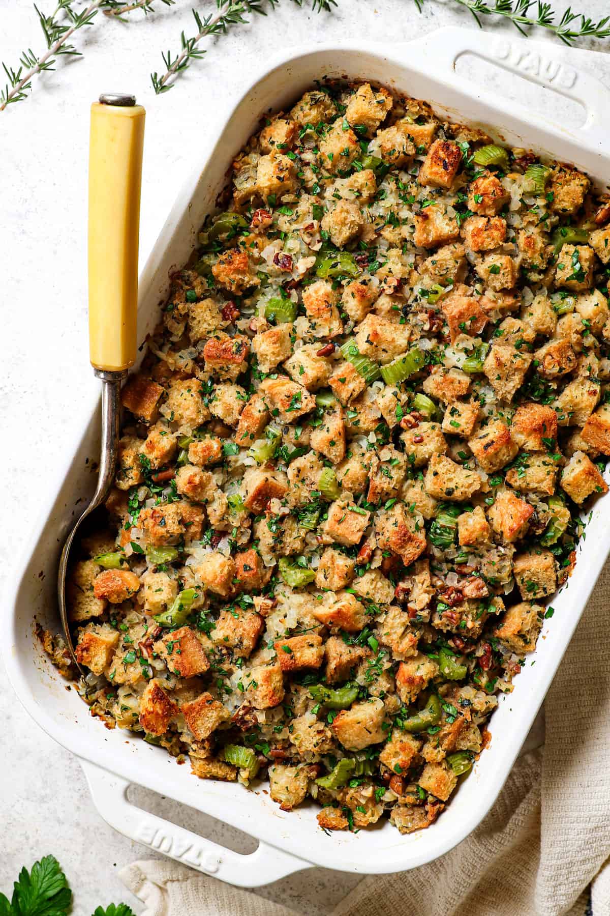 showing how to make stuffing by baking until the top is golden
