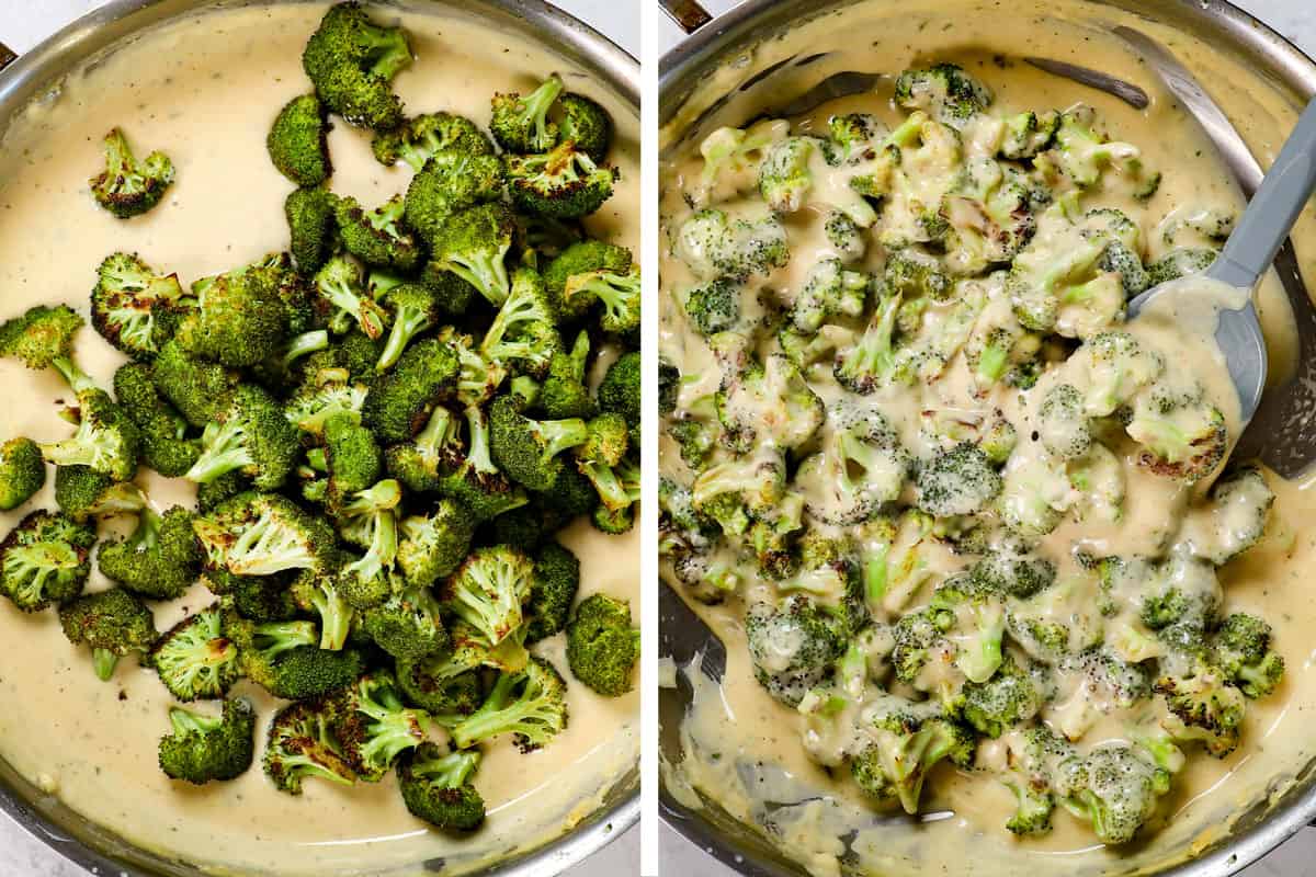 a collage showing how to make broccoli casserole by adding broccoli to the cheese sauce and stirring to combine