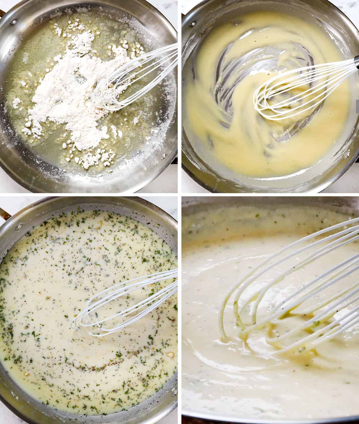 a collage showing how to make broccoli casserole by making a cheese sauce by cooking flour, then whisking in broth, adding seasoning, then simmering until thickened