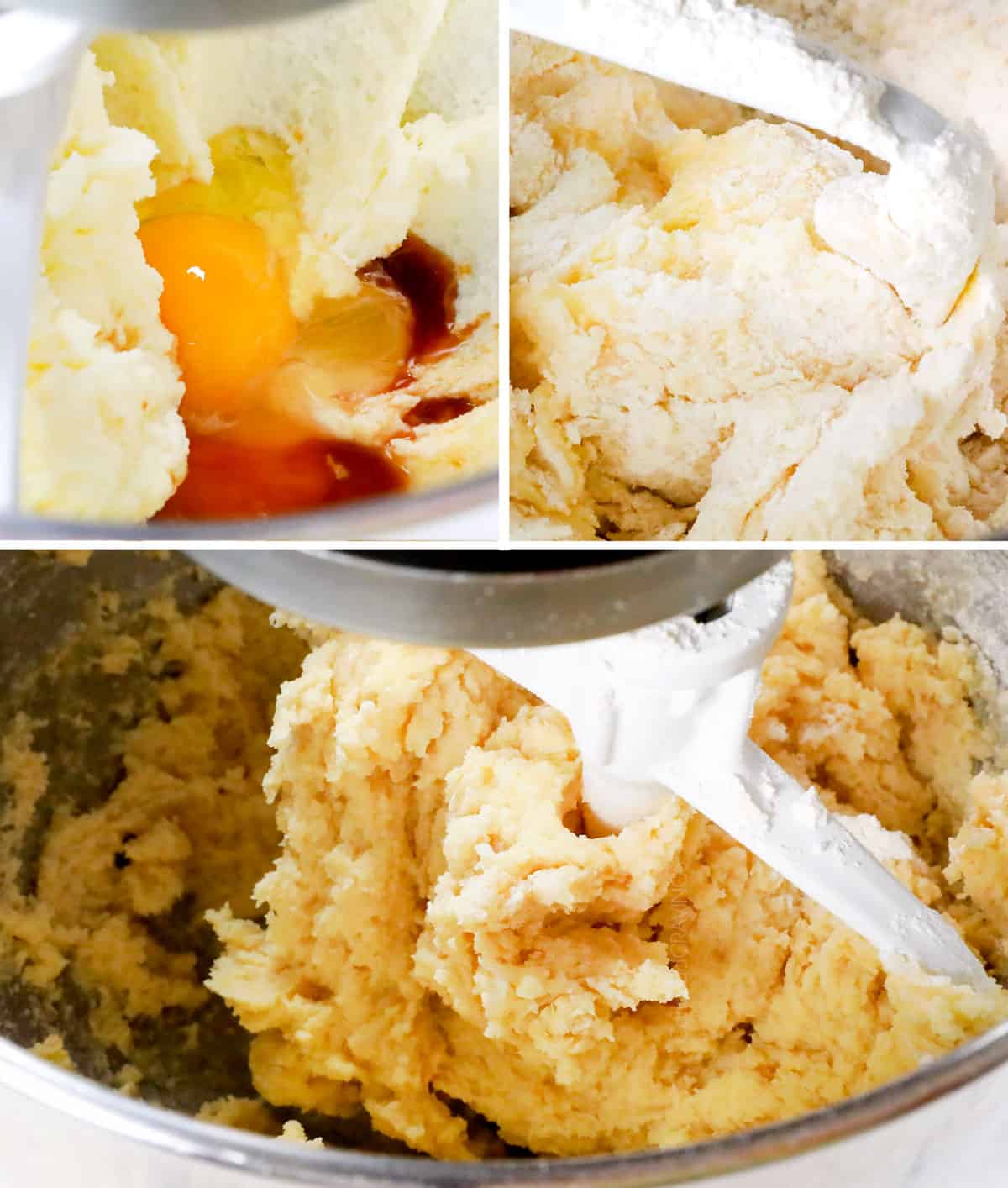 a collage showing how to make sugar cookies by beating egg and vanilla, followed by flour, until combined and thick