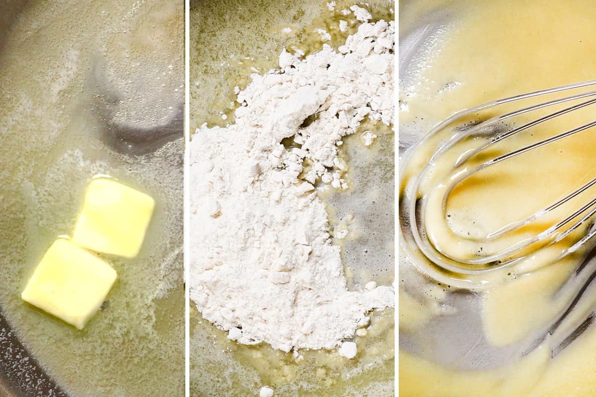 a collage showing how to make turkey gravy by making a roux by melting butter, then whisking flour until smooth