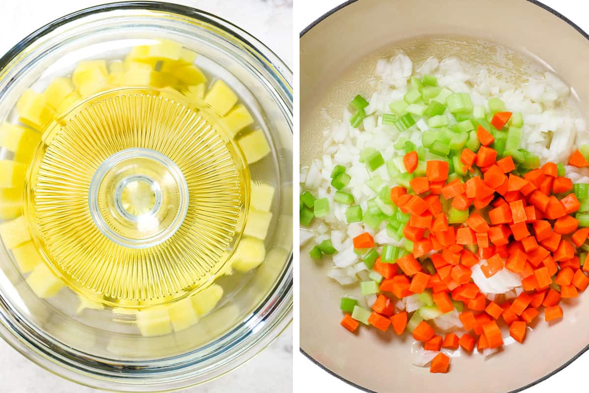 a collage showing how to make turkey pot pie by microwaving potatoes, then sautéing onions, carrots and celery 