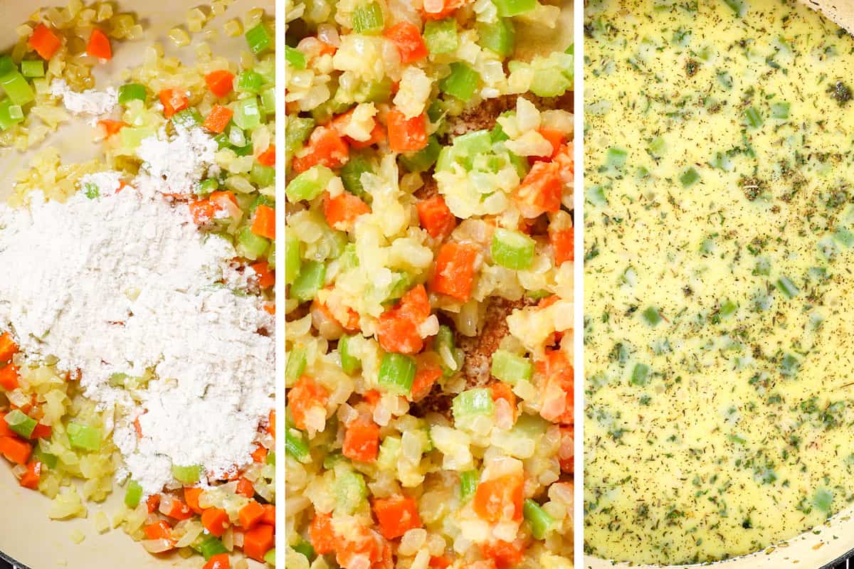 a collage showing how to make turkey pot pie by adding flour, cooking with vegetables, then whisking in broth