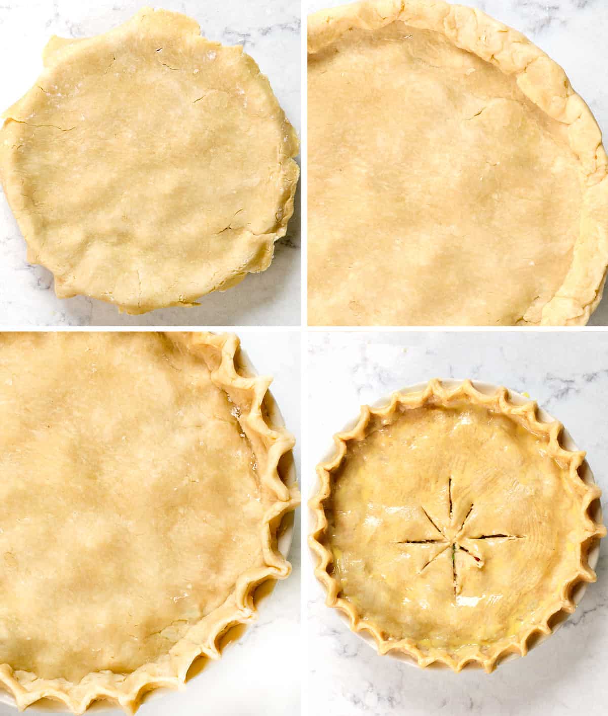 a collage showing how to make turkey pot pie by adding pie crust to the top of the filling, then crimping the edges, adding slits, and brushing with egg wash
