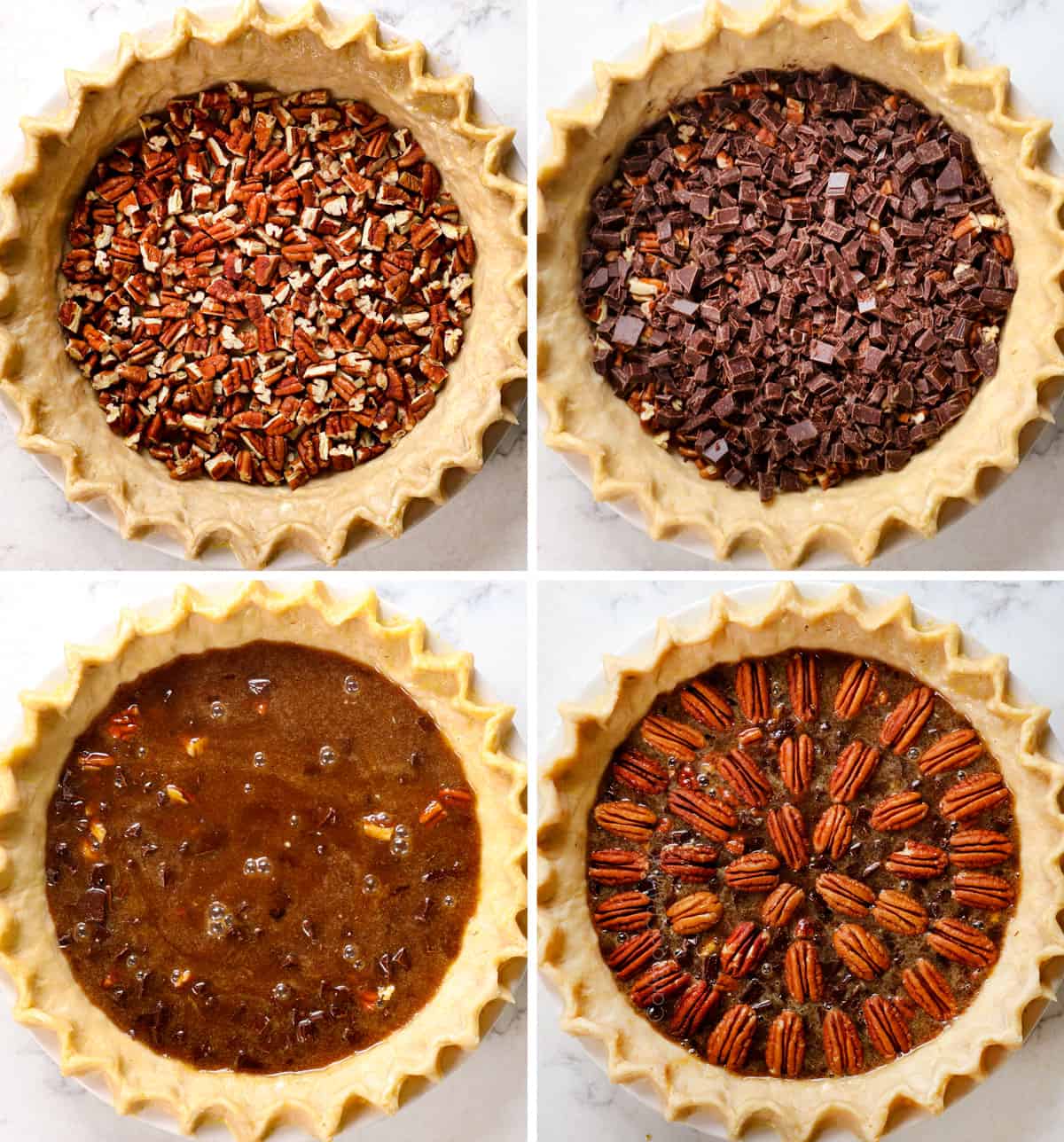 a collage showing how to make chocolate pecan pie by 1) adding pecans, 2) adding chocolate, 3) adding filling, 4) adding whole pecans