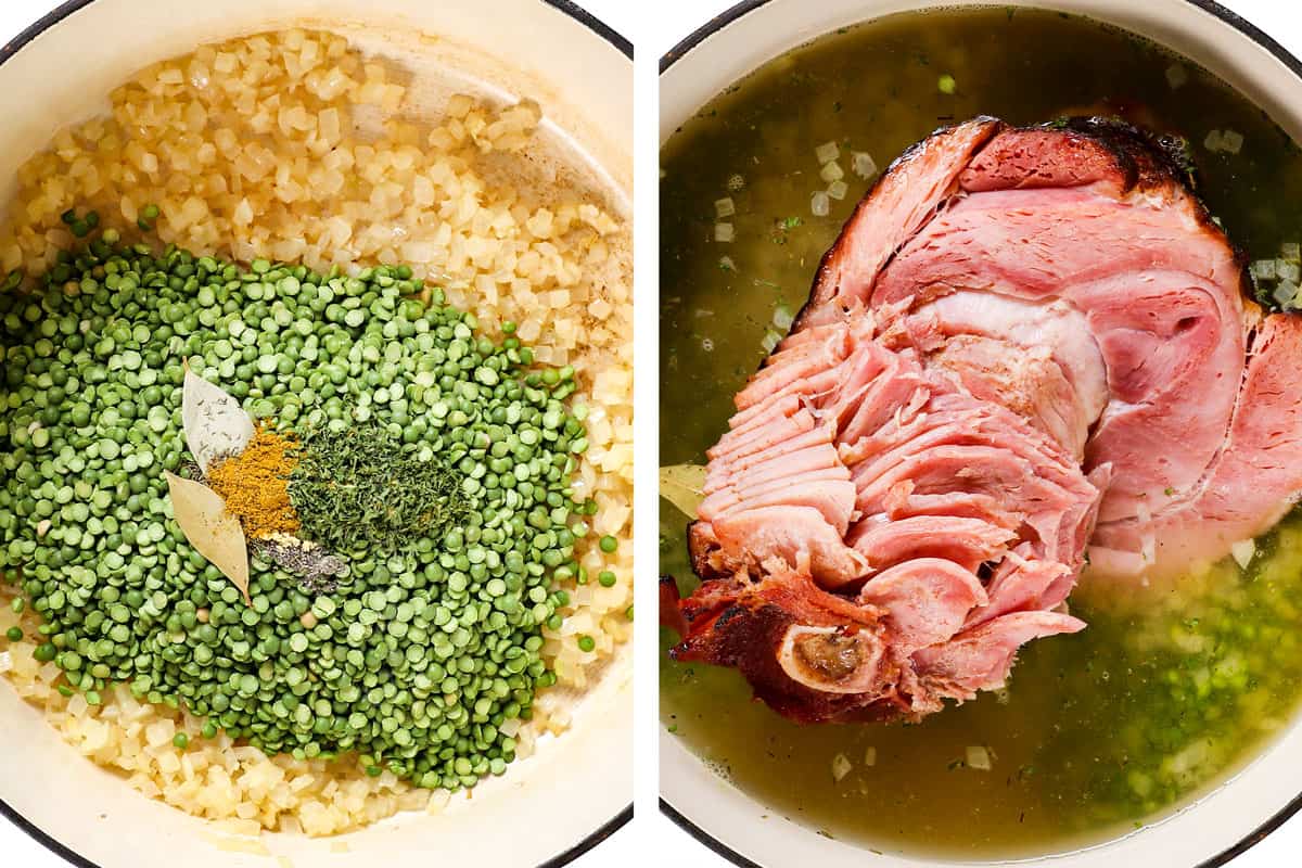 a collage showing how to make Split Pea Soup recipe by adding split peas and seasonings, ham bone, broth and water