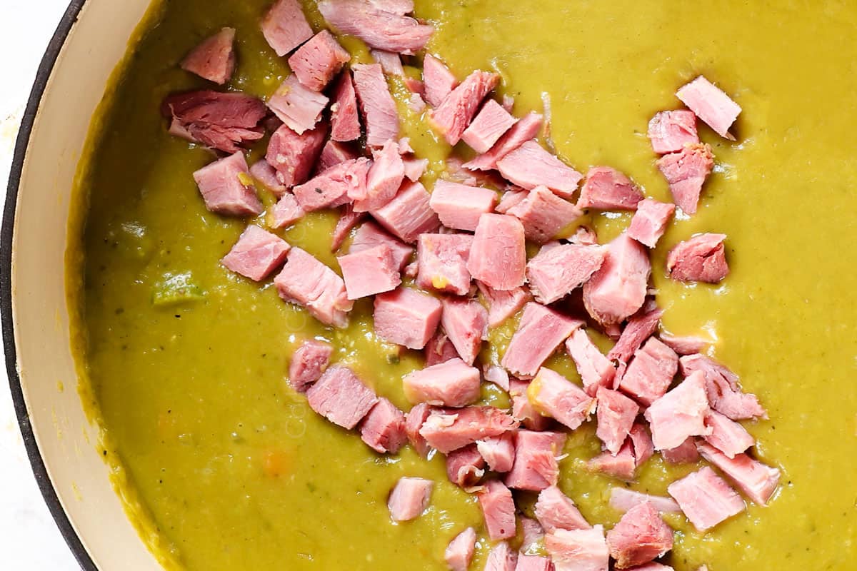 showing how to make Split Pea recipe by adding the ham back to the soup
