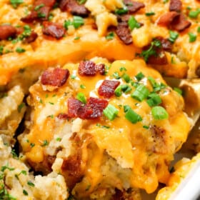 up close view of Twice Baked Potato Casserole showing how cheesy it is