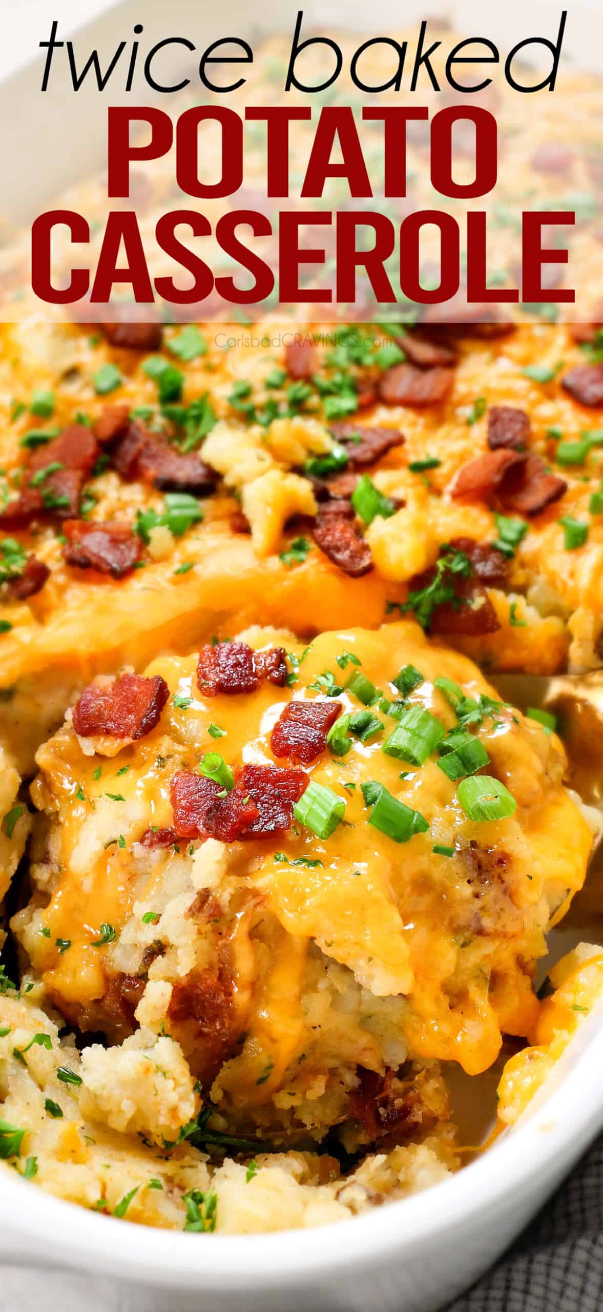 up close view of Twice Baked Potato Casserole showing how cheesy it is