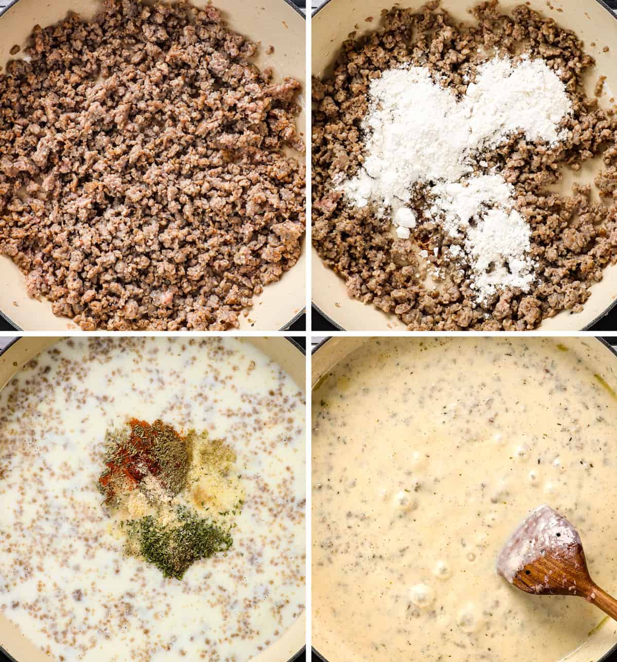 a collage showing how to make biscuit and gravy casserole by browning sausage, adding flour to make a roux, adding milk and spices, then simmering to thicken