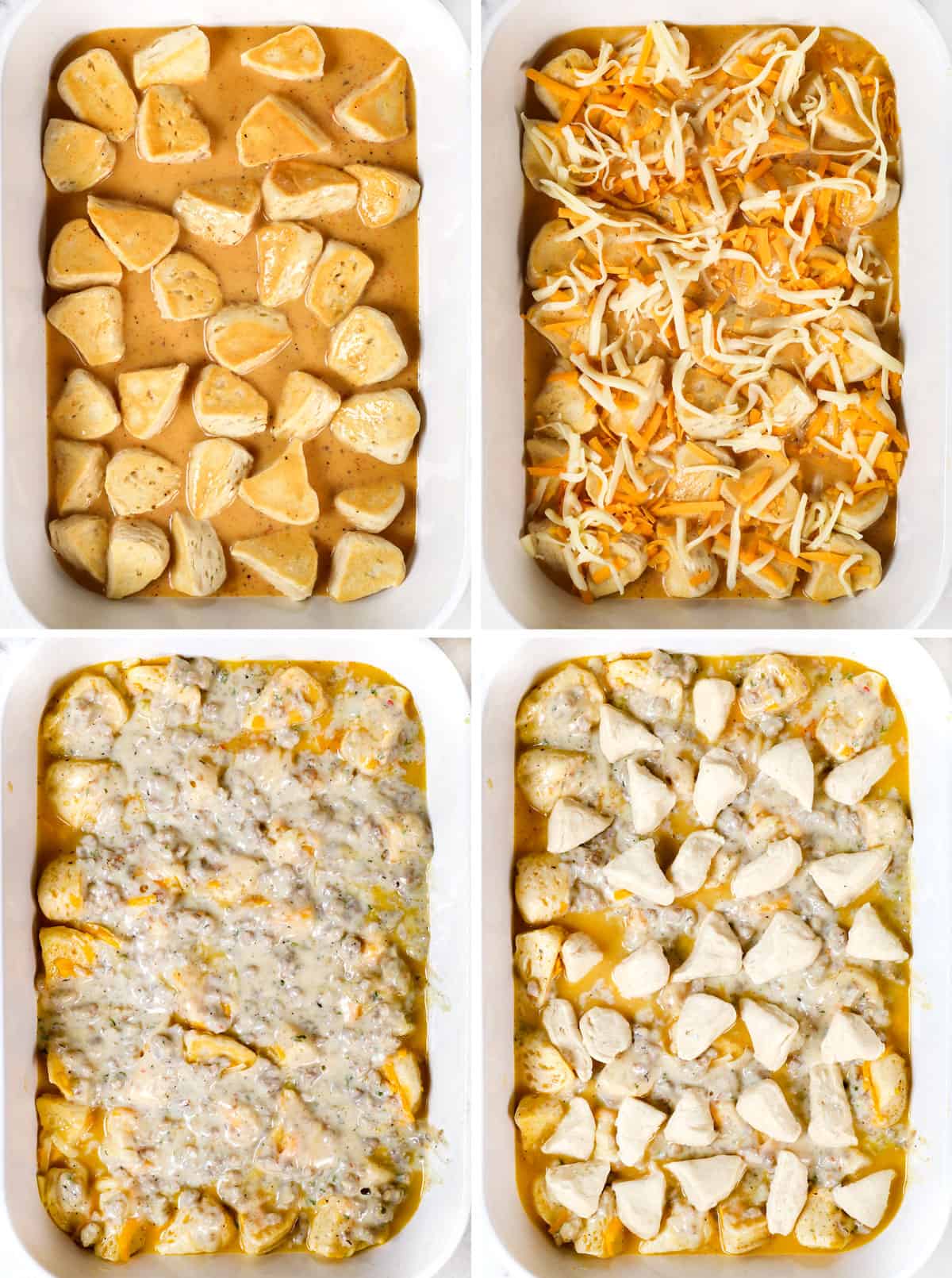 a collage showing how to make biscuits and gravy casserole by adding egg mixture over cut biscuits, followed by cheese, then gravy, then more biscuits