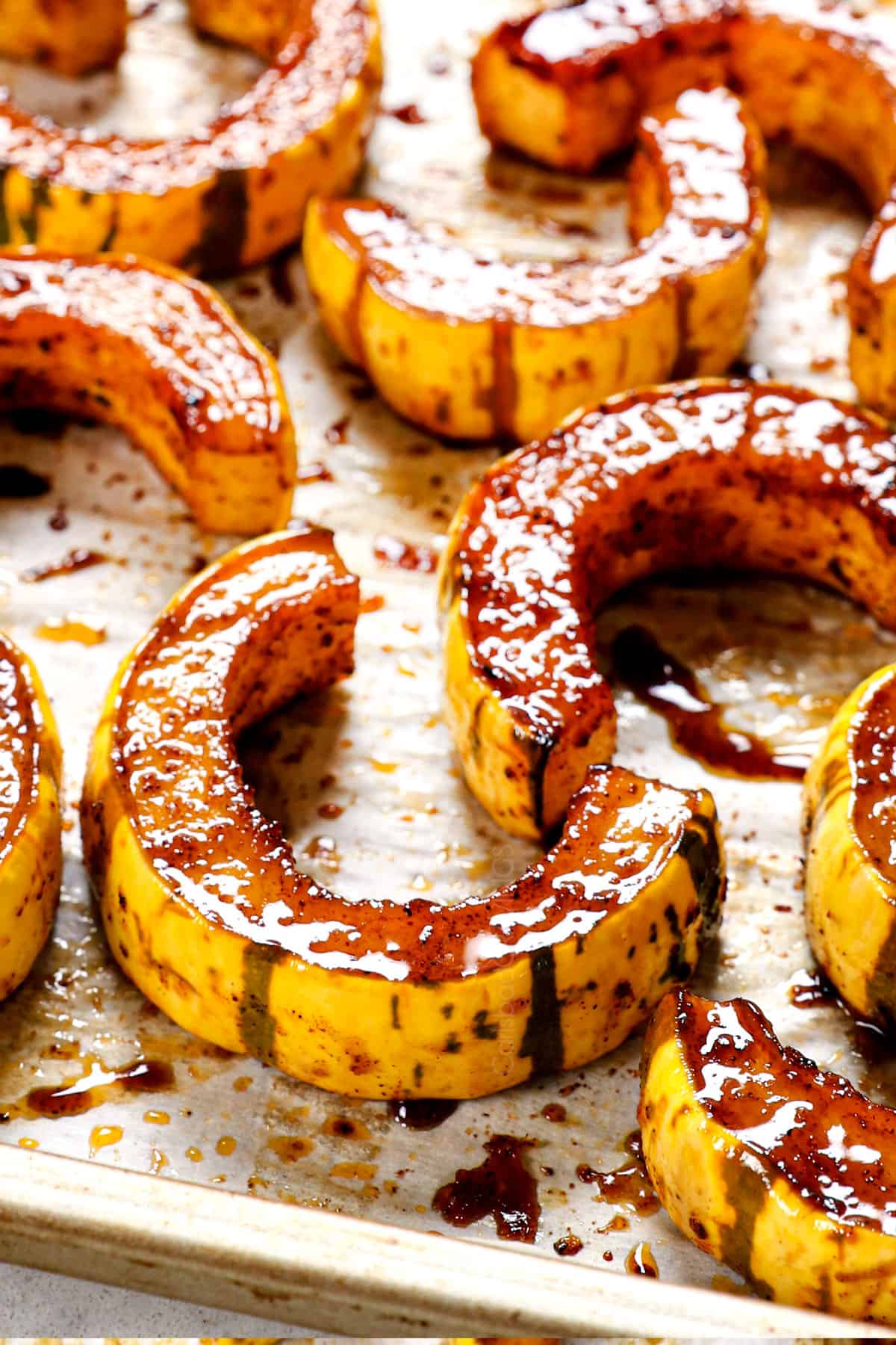up close of delicata squash showing how caramelized it gets by roasting