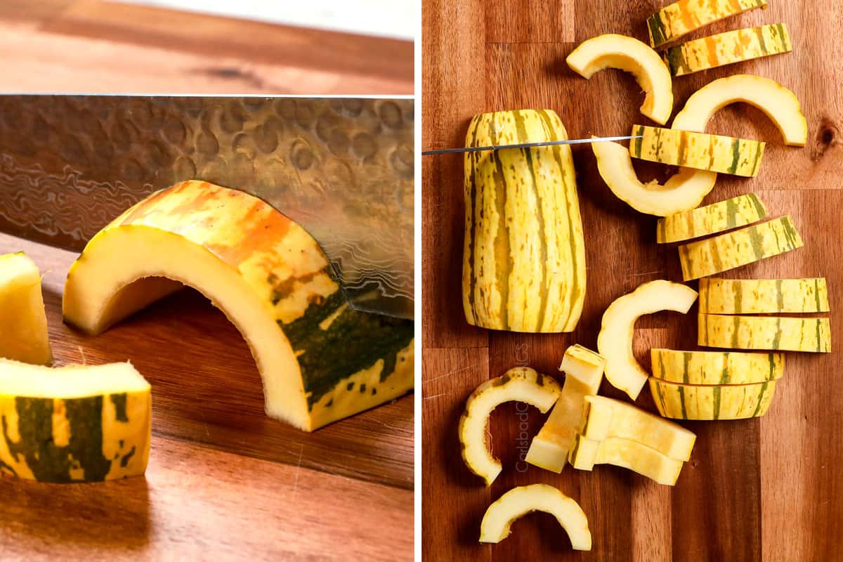 a collage showing how to make delicata squash recipe by slicing squash into 3/4-inch half moons