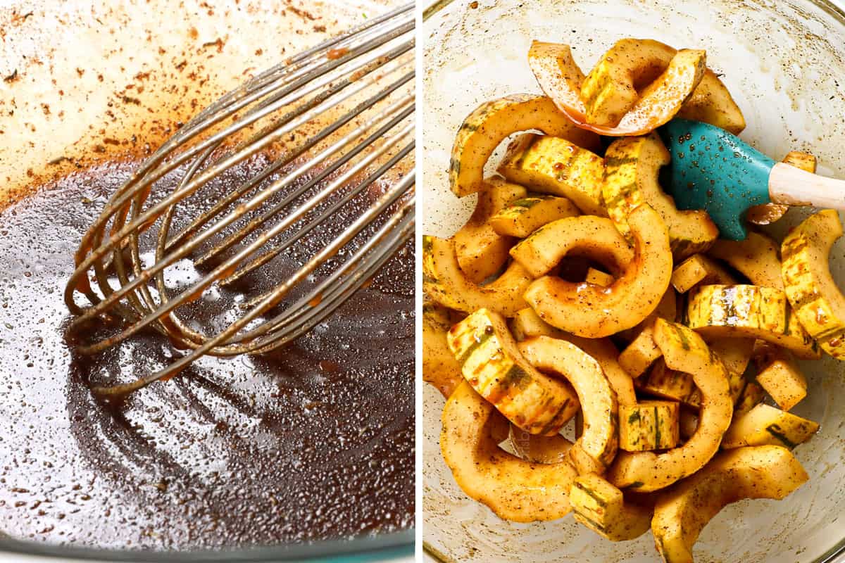 showing how to cook delicata squash by whisking olive oil and spices together, then tossing with squash slices in a bowl