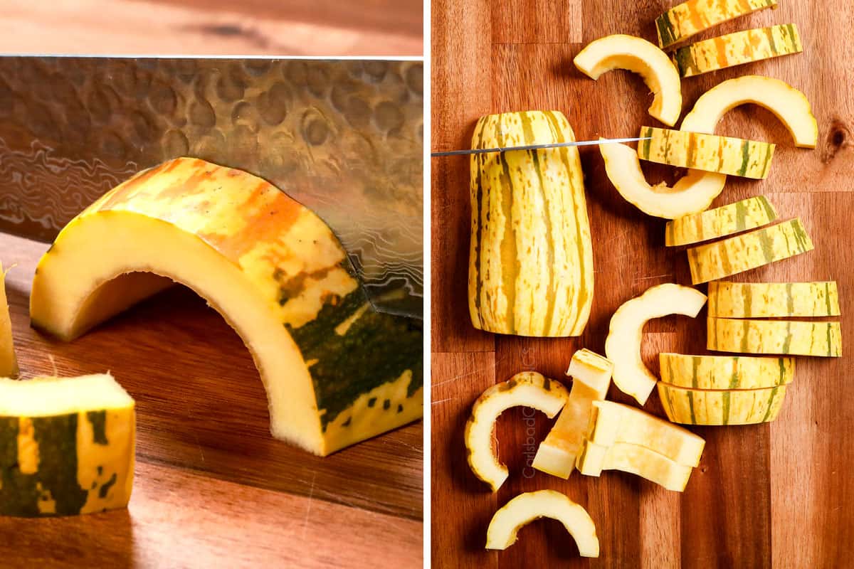 a collage showing how to make winter salad recipe by slicing squash into 3/4-inch half moons