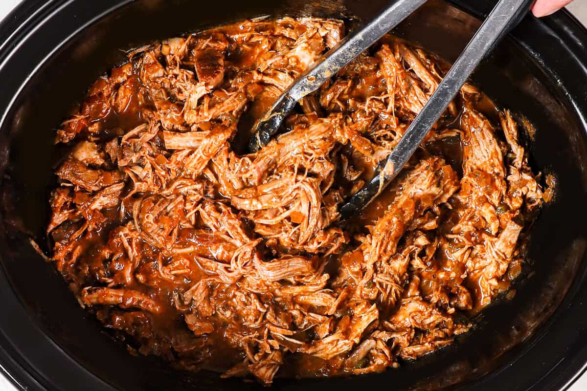 showing how to make carnitas tacos by slow cooking until tender, then shredding the pork