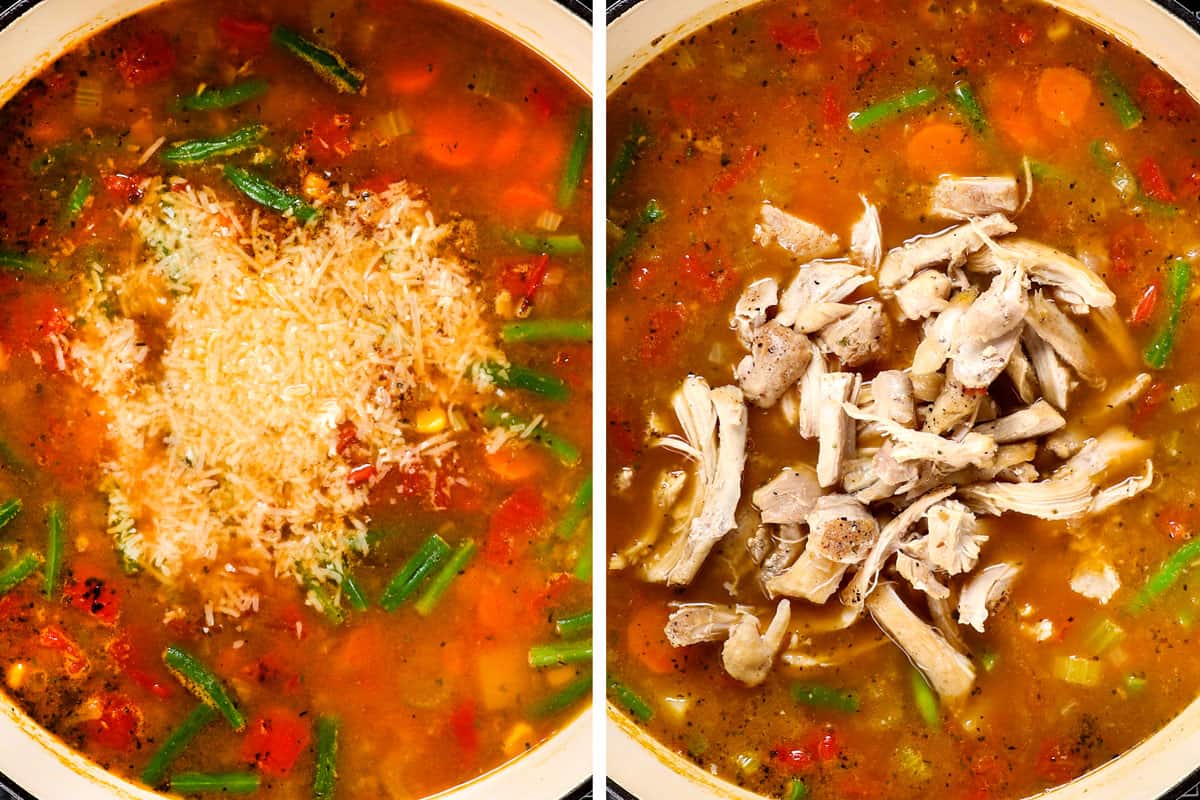showing how to make chicken vegetable soup by stirring in Parmesan followed by shredded chicken 