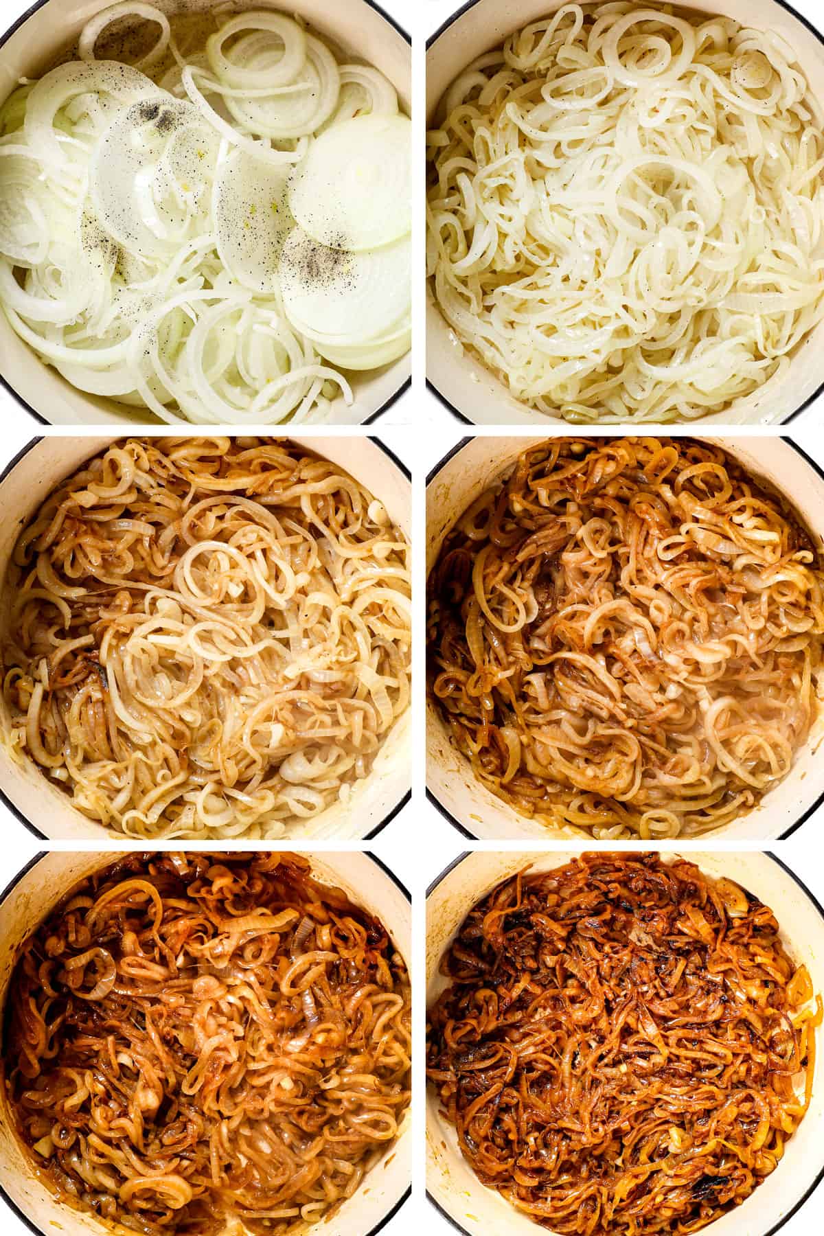 a collage showing how to make French Onion Pasta with different stages of caramelizing onions
