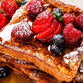 up close of homemade French toast showing how golden and crispy it is