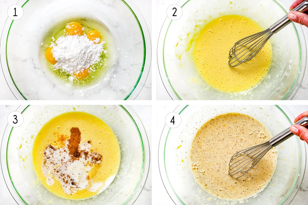A collage showing step 1 of making French toast:  whisking flour and eggs together, then whisking in half and half, cinnamon, salt and nutmeg