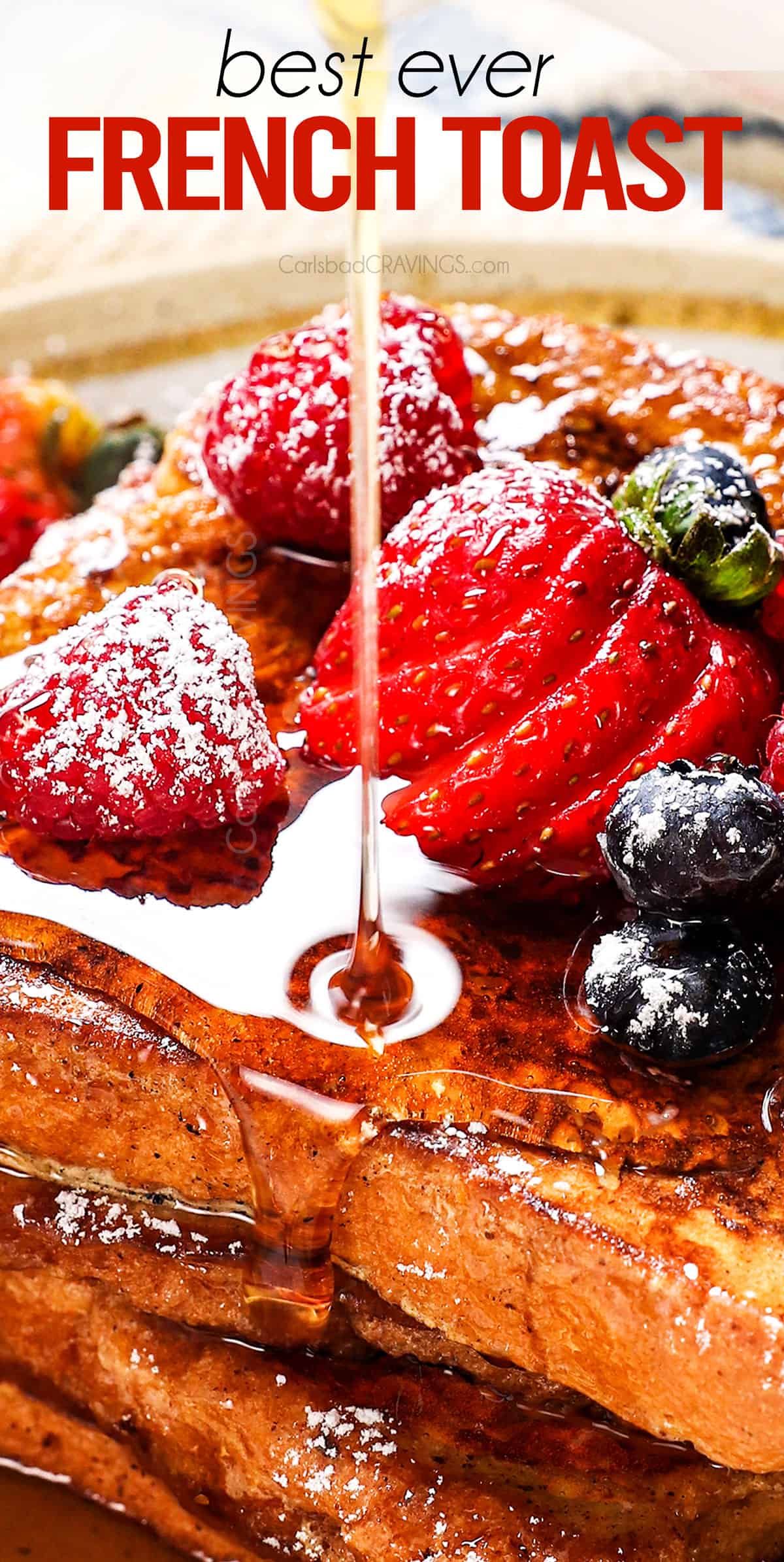 up close of serving French Toast by pouring syrup over top