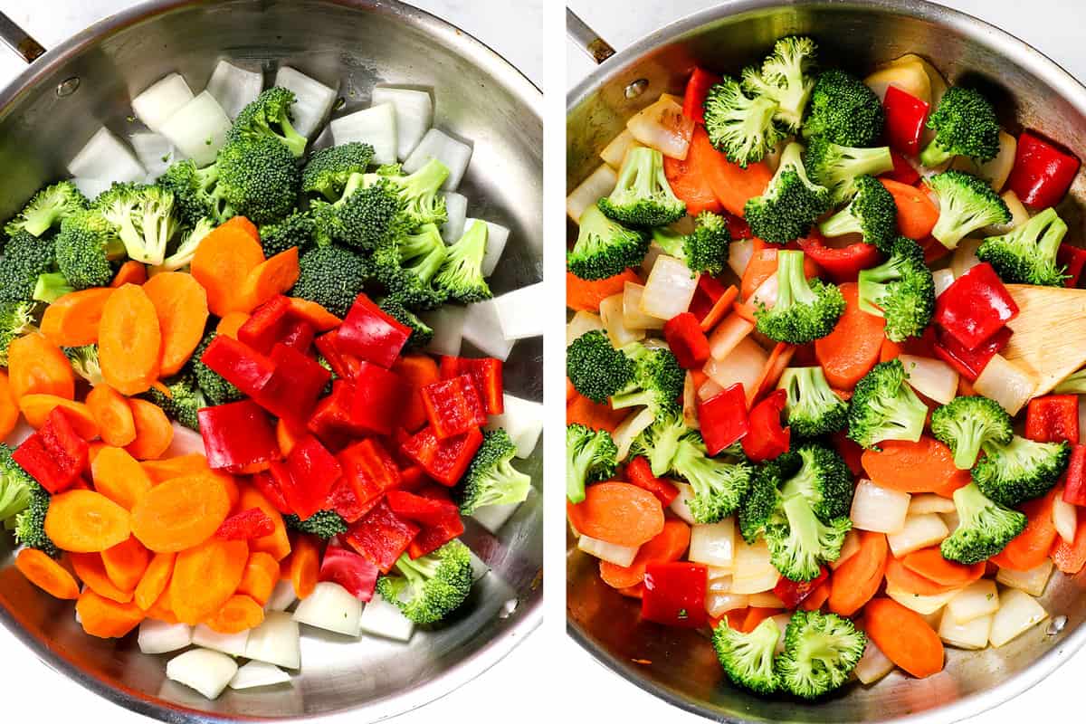 a collage showing how to make ground turkey stir fry by stir frying vegetables until crisp tender