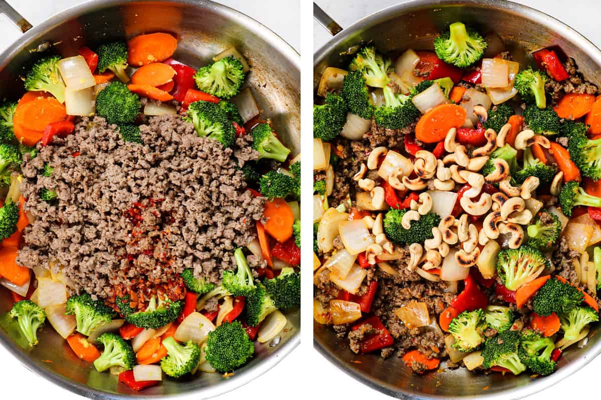 a collage showing how to make stir fry by adding ground turkey, stir fry sauce and then cashews