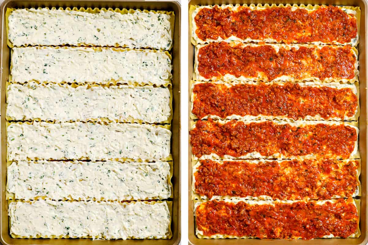 a collage showing how to make lasagna lasagna roll ups by spreading lasagna noodles with cheese mixture, followed by meat sauce, then spreading down the center