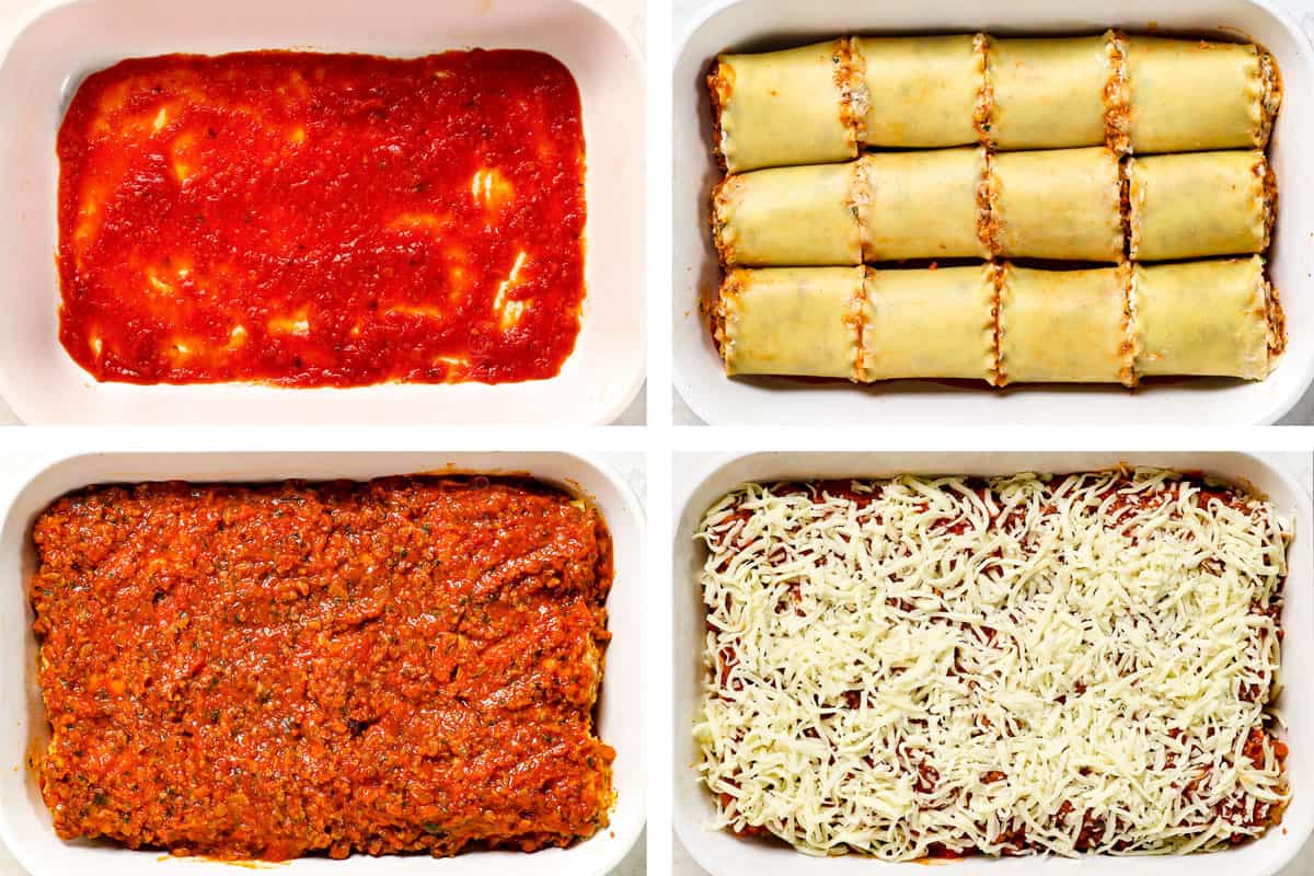 a collage showing how to make lasagna roll ups by adding sauce to pan, adding lasagna roll ups, adding meat sauce, then topping with mozzarella cheese